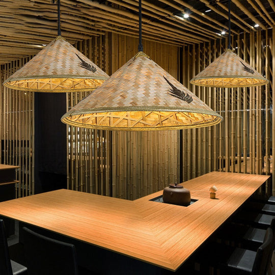 Asia Bamboo Coolie Hat Pendelleuchte - Einflammige Hängelampe aus Holz für Restaurants