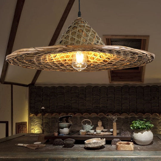 Asia Bamboo Coolie Hat Pendelleuchte - Einflammige Hängelampe aus Holz für Restaurants