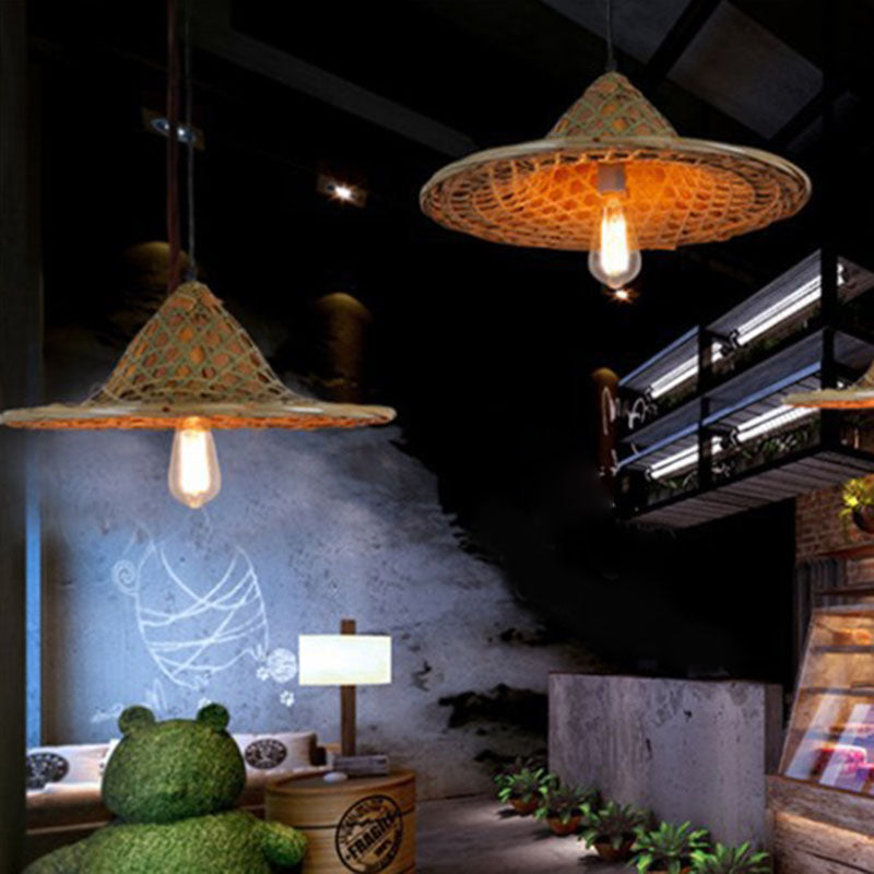 Asia Bamboo Coolie Hat Pendelleuchte - Einflammige Hängelampe aus Holz für Restaurants