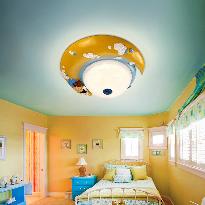 Little Angel Resin Crescent Flush Mount Light - Modern Ceiling Lamp For Kid Bedroom
