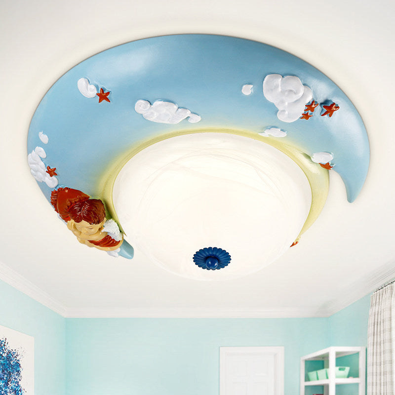 Little Angel Resin Crescent Flush Mount Light - Modern Ceiling Lamp For Kid Bedroom Blue / White