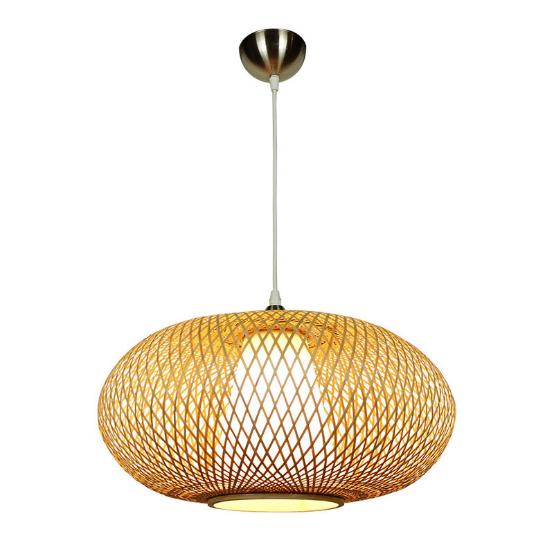 Chinese Bamboo Criss Cross Weaving Hanging Lamp Kit - Tearoom Pendant Light With Wood Finish (1