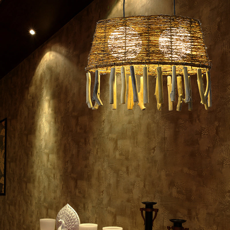 Rustic Rattan Wood Drop Pendant Light - 1 Head Oval Ceiling Hang For Restaurants