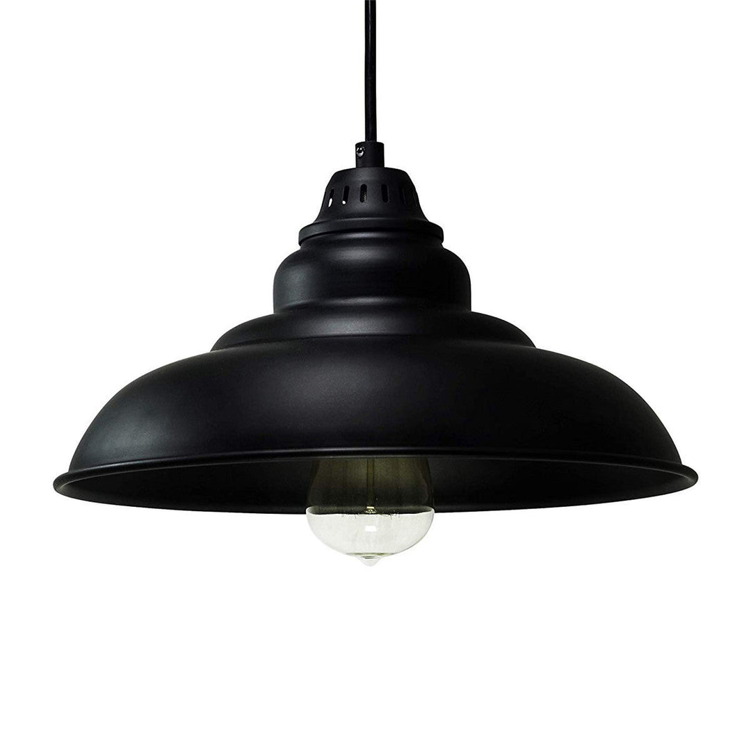 Barn Shade Industrial Metal Pendant Light Fixture - Single Bulb Hanging Lamp In Black For Living