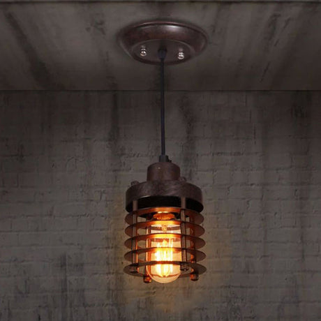 Industrial Cylinder Cage Pendant Light With Metallic Shade - Matte Black/Rust Finish Ideal For Table