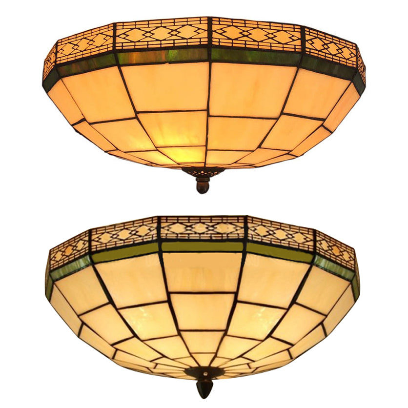 8’/10’ W Tiffany Flush Mount Ceiling Light With 3-Light Fixture In Beige Art Glass Dome Shade -