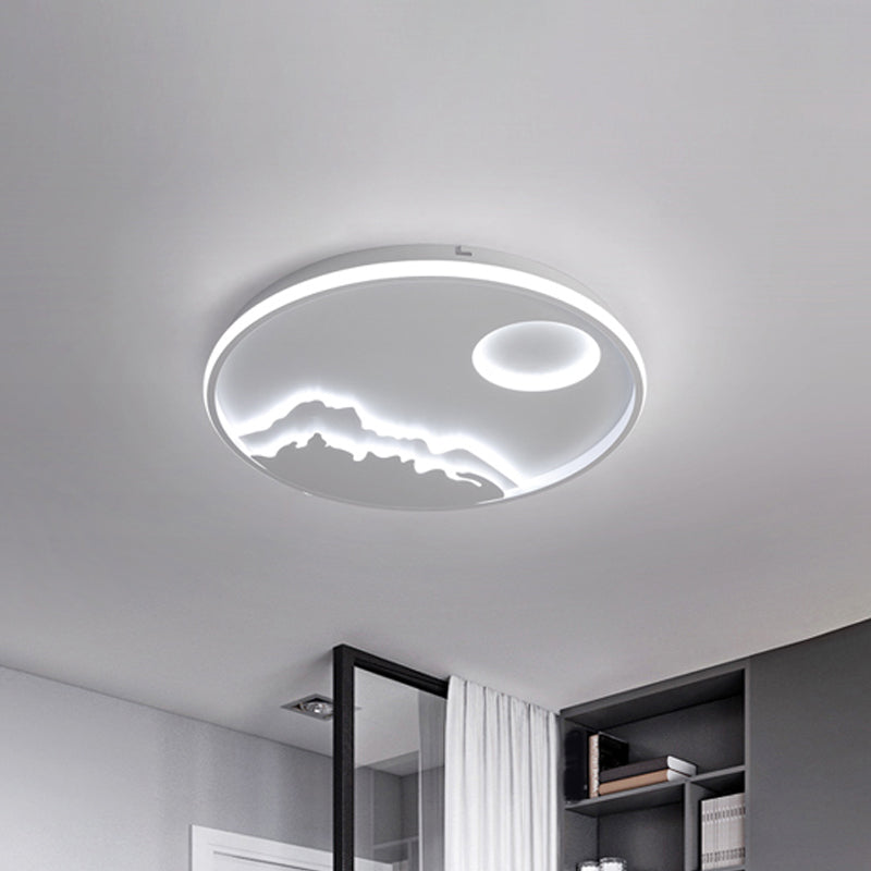 Modern Led Flush Ceiling Light With Artistic Acrylic White Ring And Mountain Decor