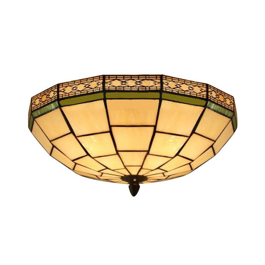 8’/10’ W Tiffany Flush Mount Ceiling Light With 3-Light Fixture In Beige Art Glass Dome Shade -