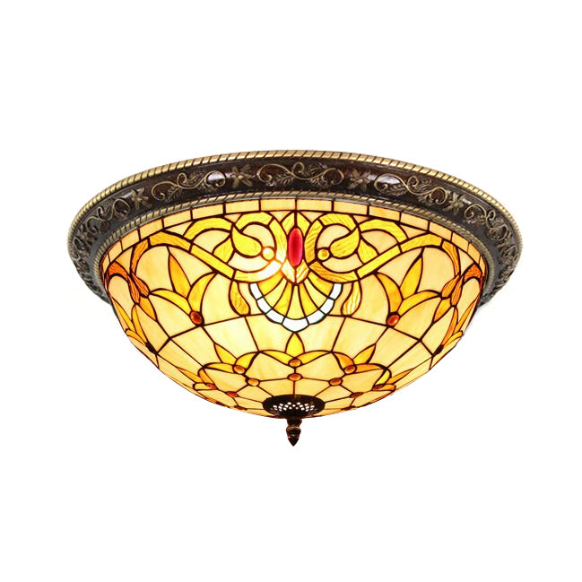 Victorian Stained Glass Half Globe Ceiling Light For Bedroom - Beige 16/19.5 4 Lights Flush Mount
