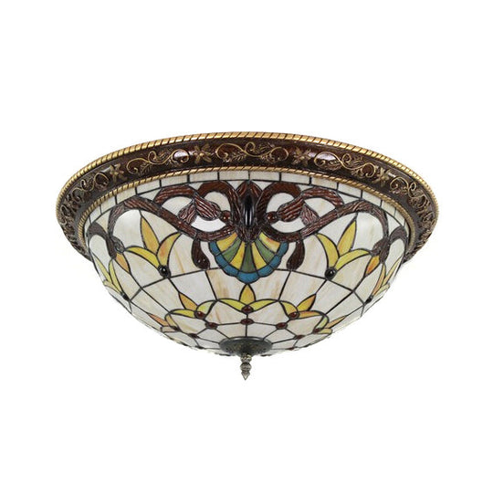 Victorian Stained Glass Half Globe Ceiling Light For Bedroom - Beige 16/19.5 4 Lights Flush Mount