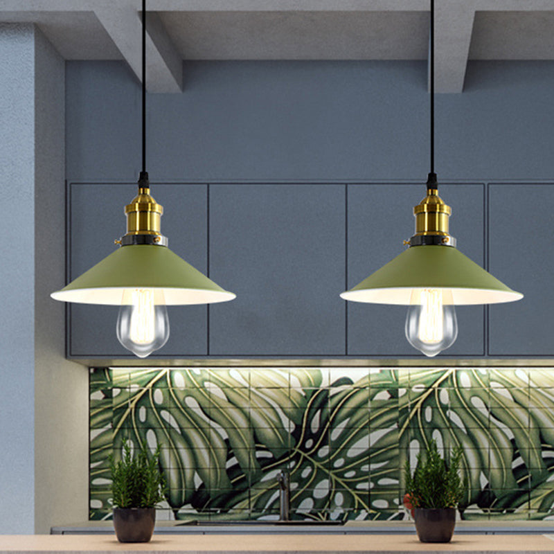 Industrial Metal Cone Pendant Light With Green/Grey Shade For Restaurants - 1-Light Hanging Lamp