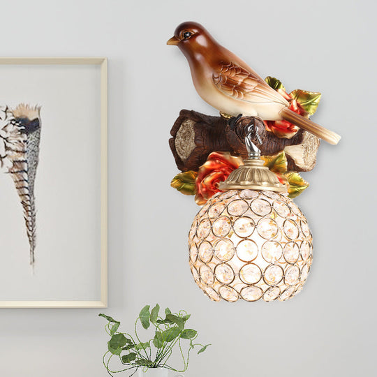 Lodge Style Resin Bird Wall Sconce Light With Crystal Global Shade Brown / Right