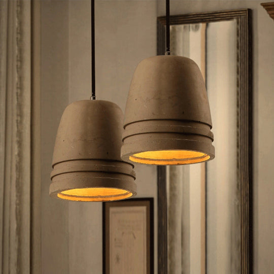 Industrial Cement Bell Shape Hanging Ceiling Light Brown 1-Light Fixture For Bedroom