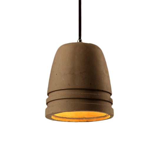 Industrial Cement Bell Shape Hanging Ceiling Light Brown 1-Light Fixture For Bedroom