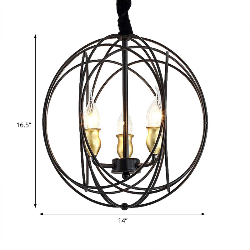 Industrial Metal Candle Light Fixture Black Pendant Lighting With Orb Cage - 14’/19’ Wide