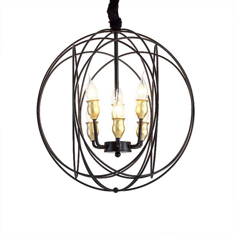 Industrial Metal Candle Light Fixture Black Pendant Lighting With Orb Cage - 14’/19’ Wide