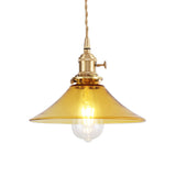 Farmhouse Amber Glass Conical Pendant Ceiling Light - Brass Finish Living Room Hanging Lamp