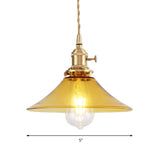 Farmhouse Amber Glass Conical Pendant Ceiling Light - Brass Finish Living Room Hanging Lamp