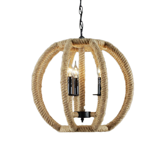 Industrial Beige Rope Pendant Light Fixture - 3-Light Globe Chandelier For Dining Room