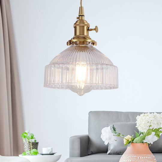 Industrial Clear Ribbed Glass Pendant Light Kit With Brass Fixture - Bowl Living Room Hanging
