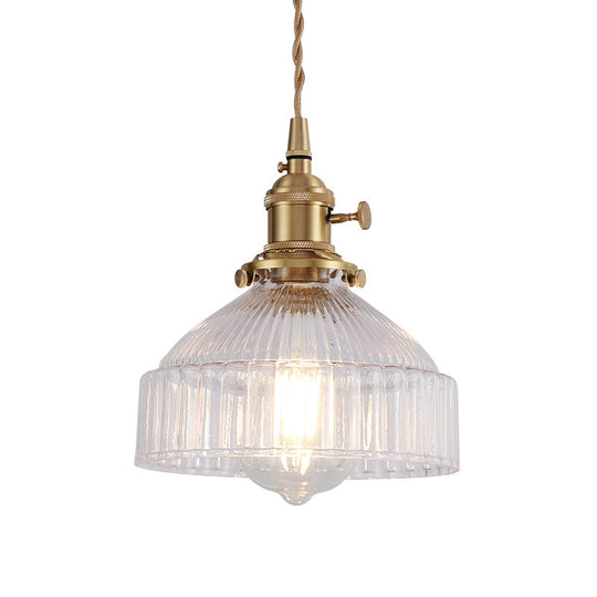 Industrial Clear Ribbed Glass Pendant Light Kit With Brass Fixture - Bowl Living Room Hanging
