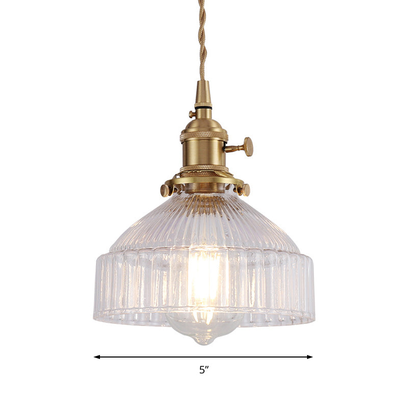 Industrial Clear Ribbed Glass Pendant Light Kit With Brass Fixture - Bowl Living Room Hanging