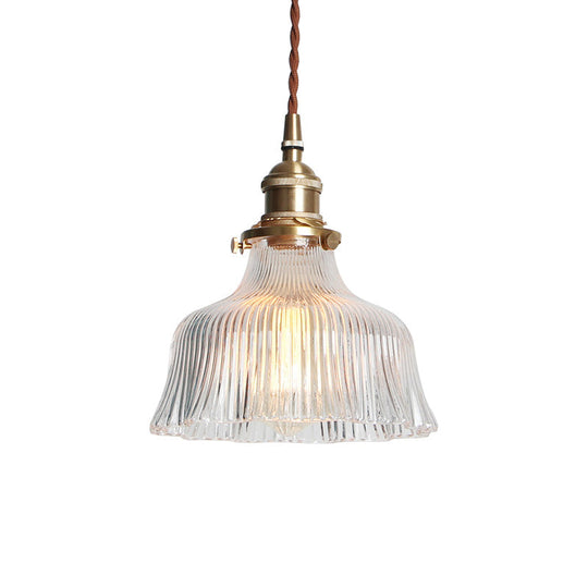 Industrial Clear Textured Glass Pendant Lamp - 1 Light Brass Barn Hanging Indoor 6’/8