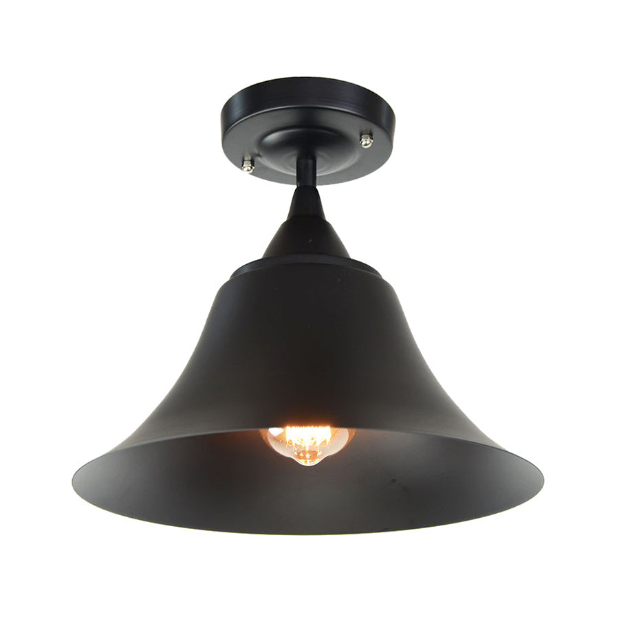 Metal Semi Flush Industrial Ceiling Light Fixture - Single Bulb Black Cone Design For Living Room