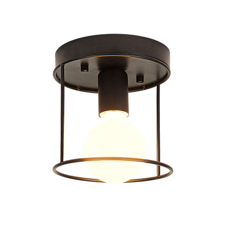 Industrial Metal Flushmount Light With Cage - Cylinder Corridor Design