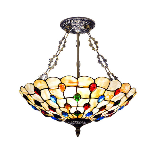 Tiffany Ceiling Light With Jeweled Semi Flush Design - 16’/18’ Diameter 3 Lights Beige Art