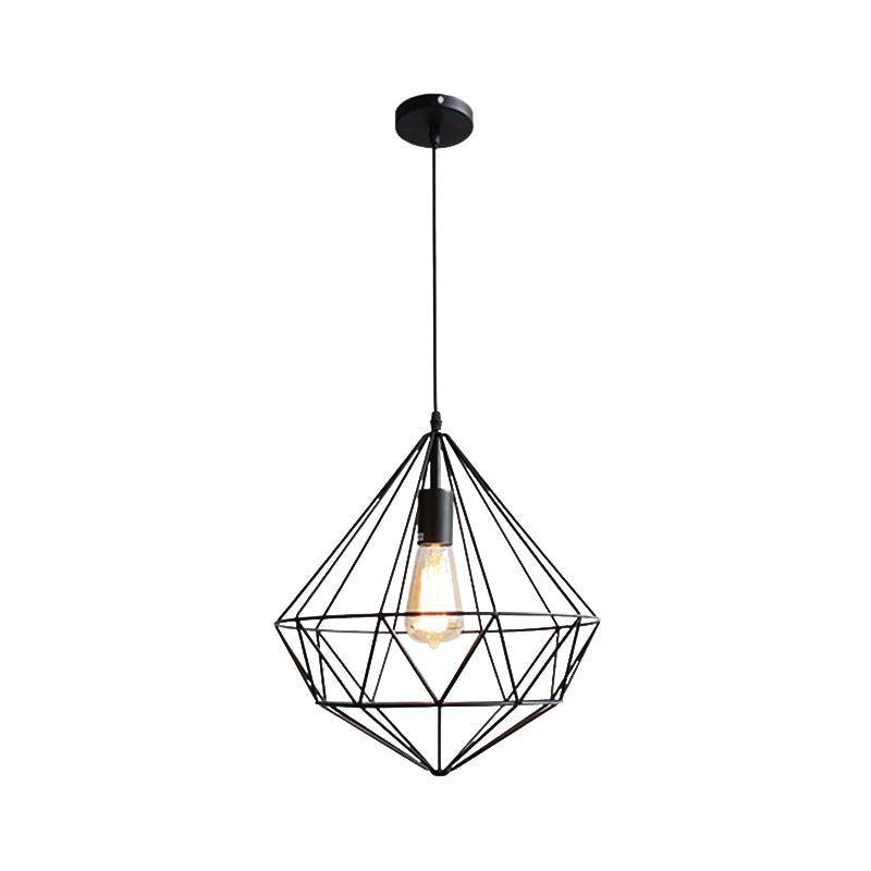 Vintage Black Diamond Cage Iron Hanging Lamp - Single-Bulb Dining Room Light / C