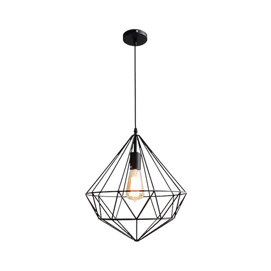 Vintage Black Diamond Cage Iron Hanging Lamp - Single-Bulb Dining Room Light / C
