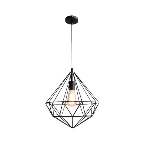 Vintage Black Diamond Cage Iron Hanging Lamp - Single-Bulb Dining Room Pendant Light / C