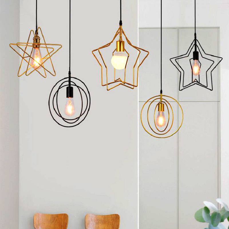 Antique Gold Star Cage Pendant Light For Dining Room - 1-Light Hanging Fixture