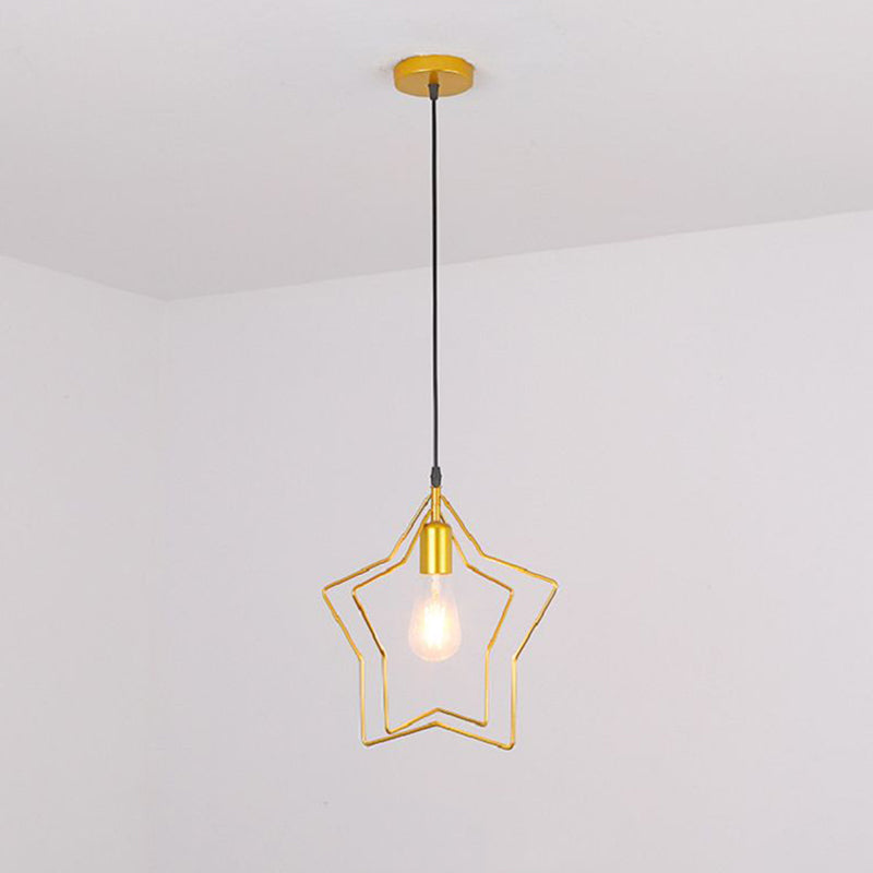 Antique Gold Star Cage Pendant Light For Dining Room - 1-Light Hanging Fixture / 2 Tiers
