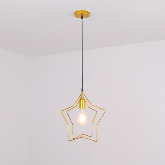 Antique Gold Star Cage Pendant Light For Dining Room - 1-Light Hanging Fixture / 2 Tiers