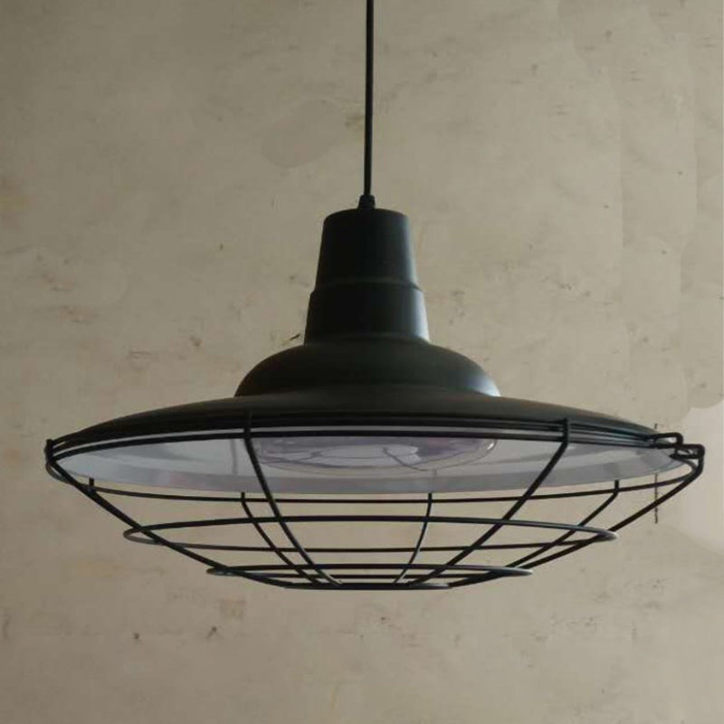 Antique Black Iron Pot Lid Pendant Light With Cage Bottom - Ideal For Restaurants