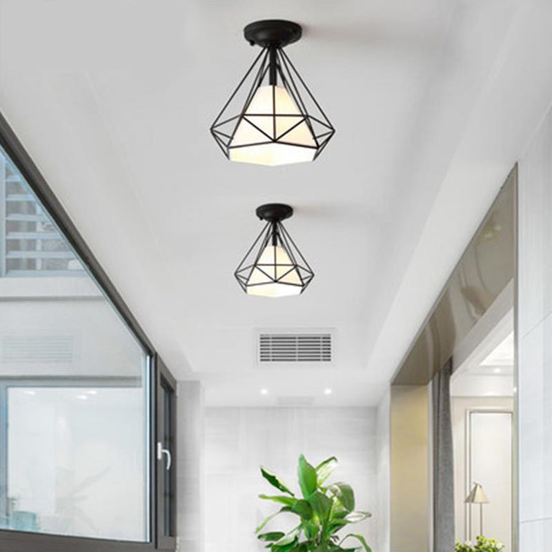 Vintage Diamond Shaped Metal Ceiling Light With Fabric Cone Shade - Single Flush Mount Fixture