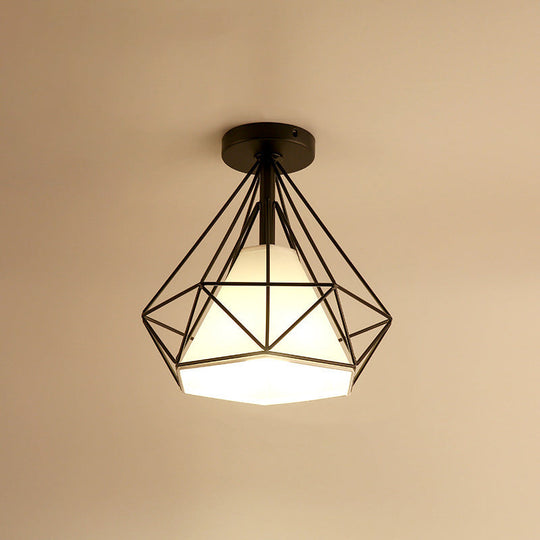 Vintage Diamond Shaped Metal Ceiling Light With Fabric Cone Shade - Single Flush Mount Fixture
