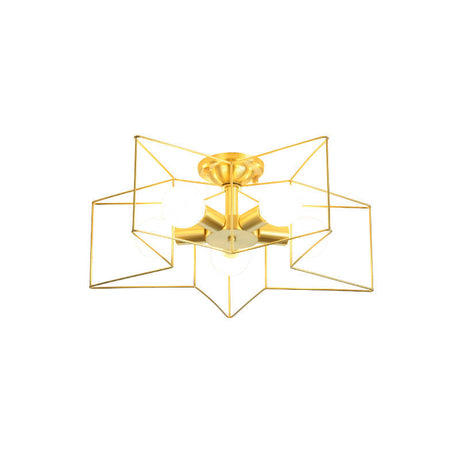 Industrial Style Metal Star Cage Flush Mount In Gold - Bedroom Ceiling Lighting
