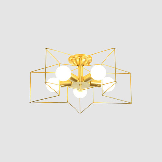 Industrial Style Metal Star Cage Flush Mount In Gold - Bedroom Ceiling Lighting