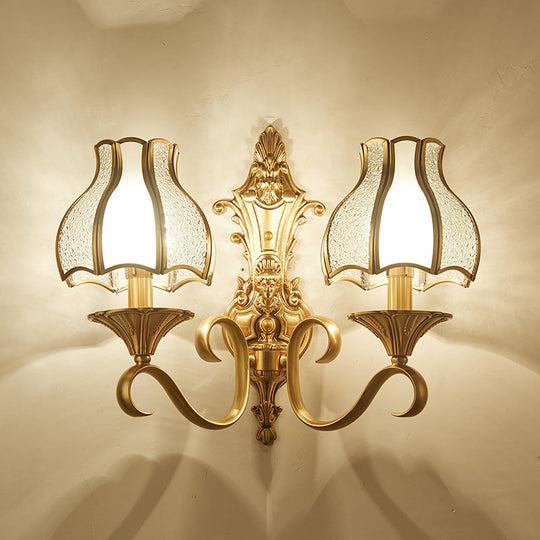 Traditional Floral Wall Mount Light Fixture With Gold Ripple Glass