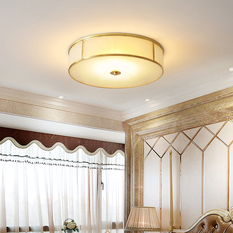 Opal Glass Cylinder Flush Mount Ceiling Light In Gold - Traditional Bedroom Lighting