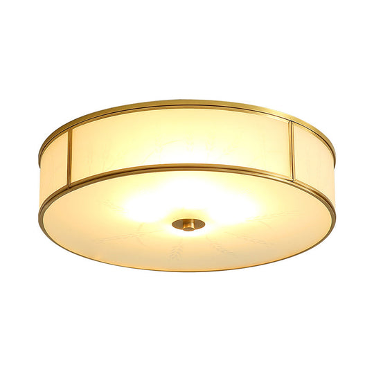 Opal Glass Cylinder Flush Mount Ceiling Light In Gold - Traditional Bedroom Lighting