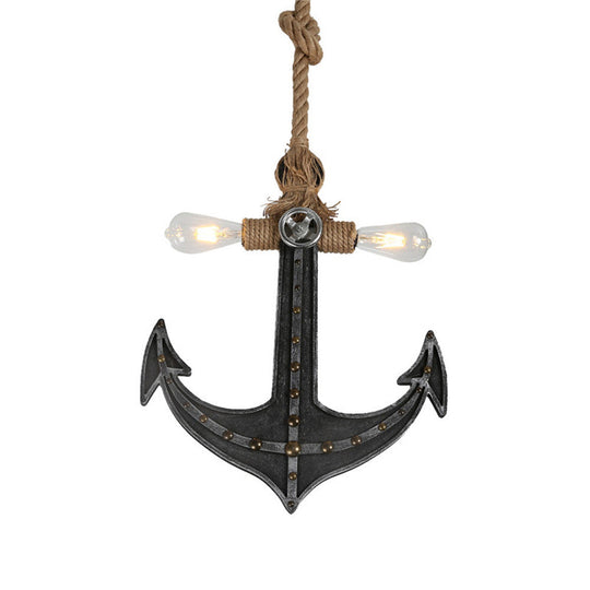 Coastal Antique Bronze/Silver Gray Rope Pendant Chandelier For Dining Room - 2-Light Exposed Bulb