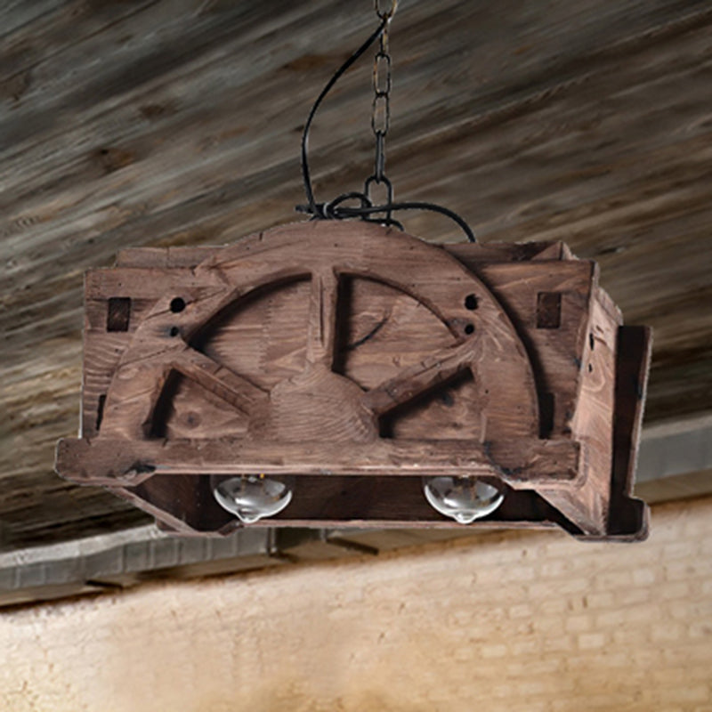 Modern Wood And Glass Pendant Chandelier With 2 Lights - Brown Rectangle Loft Style Fixture