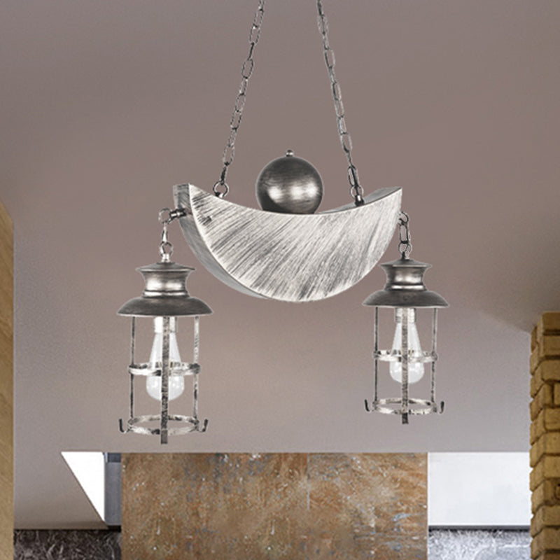Retro Industrial Metal Pendant Chandelier With 2 Lights - Caged Living Room Fixture (Gold/Silver)