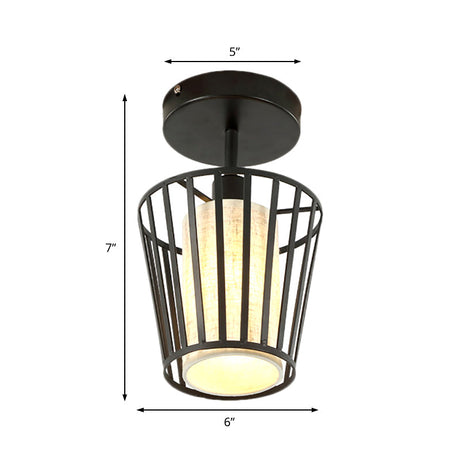 Industrial Black Metal Semi Flush Light With Fabric Shade - Perfect For Hallways And Corridors