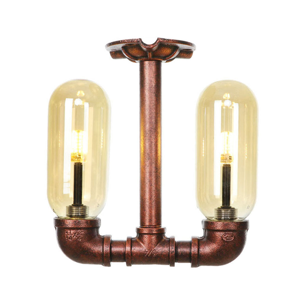 Amber Glass Semi Flush Industrial Dining Room Light Fixture In Weathered Copper - Capsule Shade 2 -