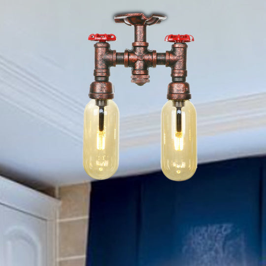 Amber Glass Semi Flush Industrial Dining Room Light Fixture In Weathered Copper - Capsule Shade 2 -